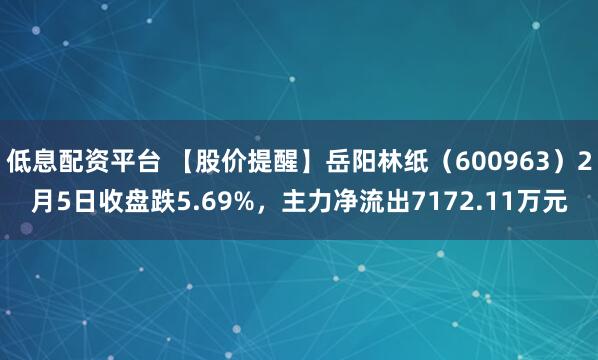 低息配资平台 【股价提醒】岳阳林纸（600963）2月5日收盘跌5.69%，主力净流出7172.11万元